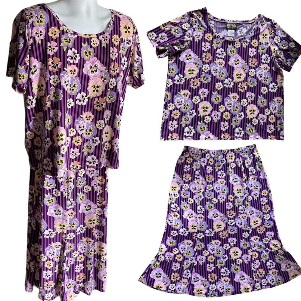 Bob Mackie Wearable Art Floral 2‎ Piece Set top skirt pansie Purple Striped XL